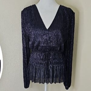 White House Black Market Blue Shimmer Peplum V-Neck Long Sleeve Top Sz M